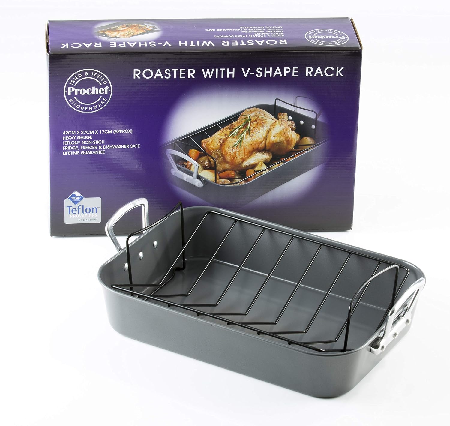 Prochef Roasting Tray 15” , Professional Grade, Removable Non Stick Rack, Black, Length: 42cm Width: 27cm Height: 7cm - Image 3