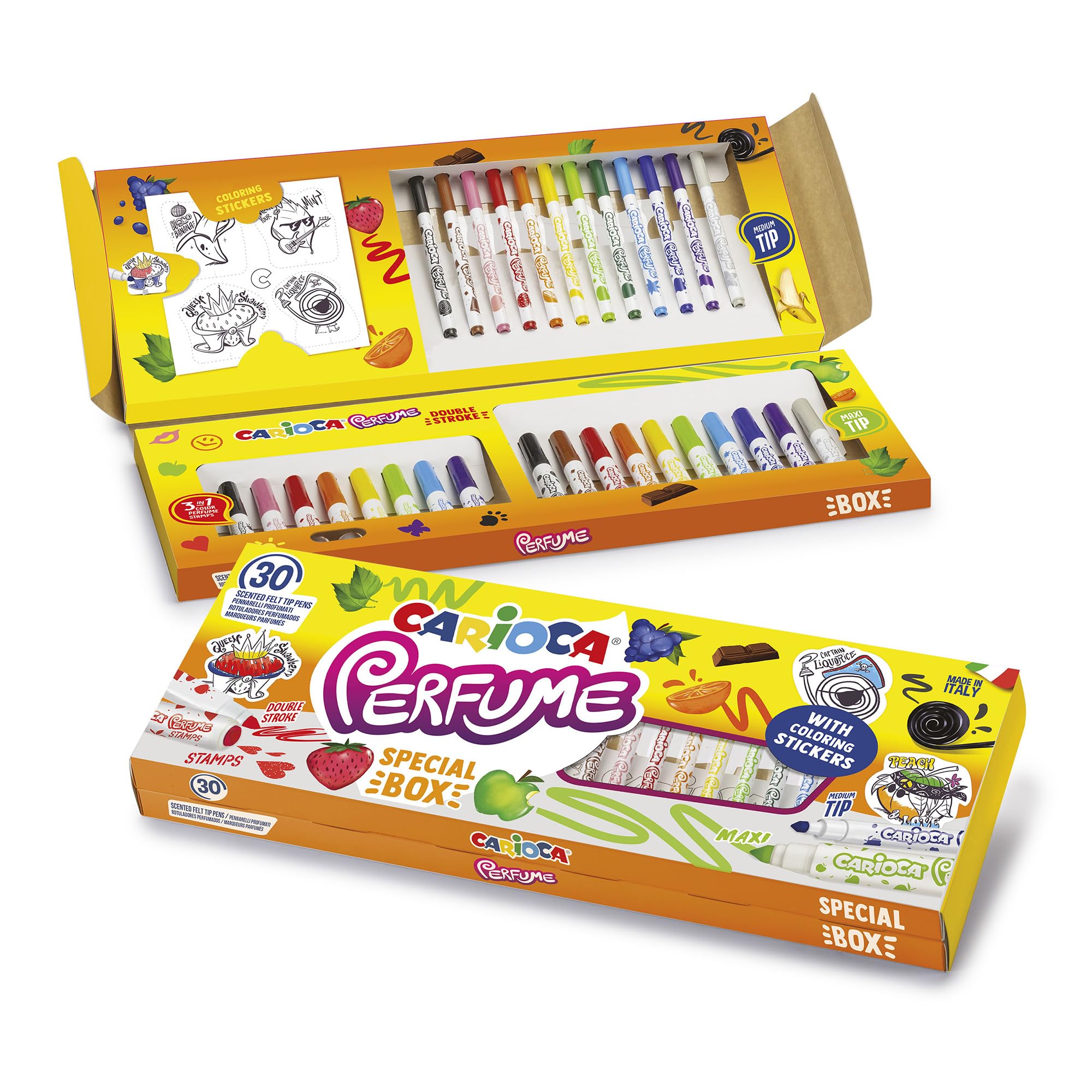CARIOCA Perfume Special Scented Colors 30 Pieces - Gift Box of Washable, Non-Toxic, Allergen-Free Scented Ink Markers, Assorted Tips + Coloring Stickers (Box of 30 Markers)