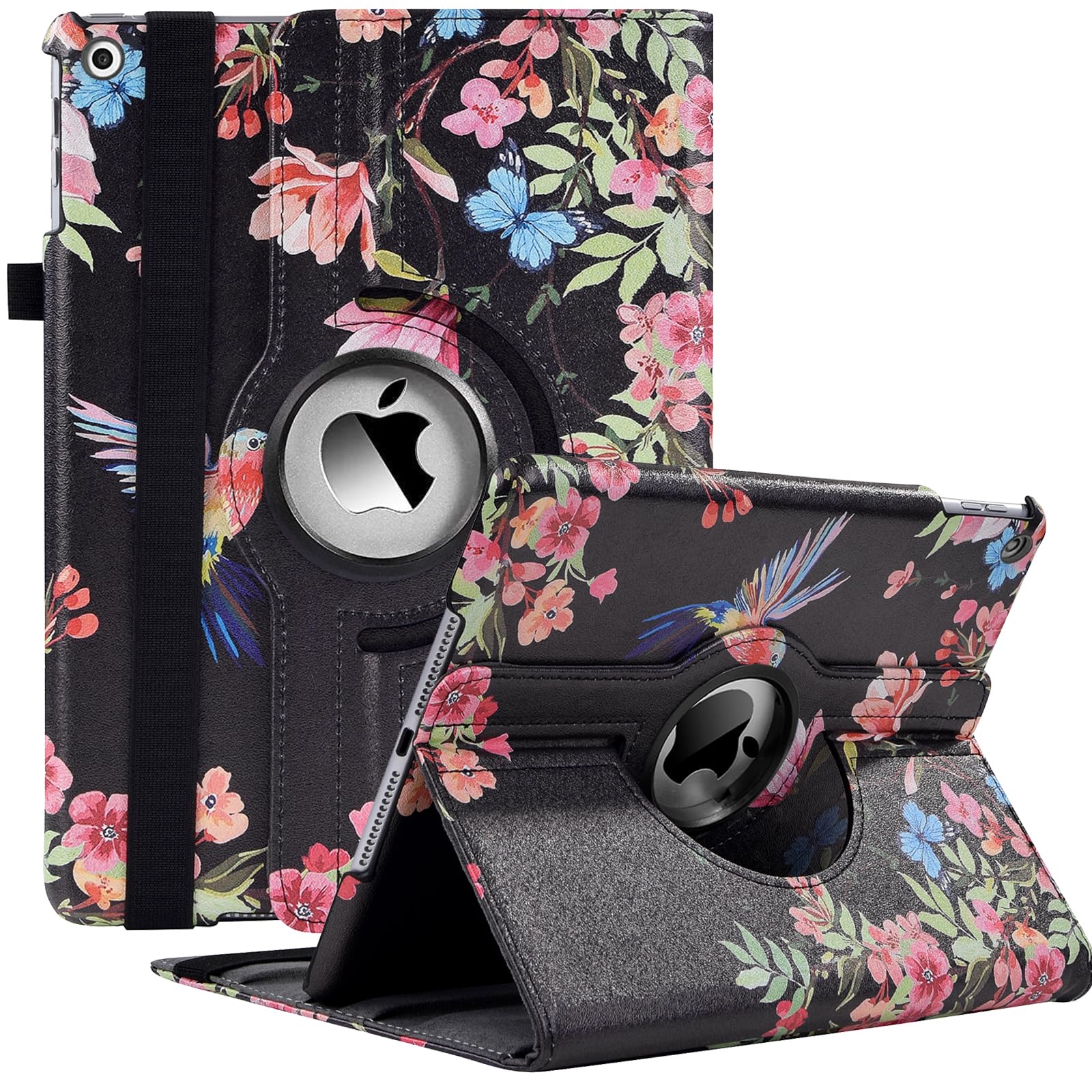 Ceysin Rotating Case for iPad 9th Generation (2021) / 8th Generation (2020) / 7th Gen (2019) 10.2 Inch - 360 Degree Rotating Protective Stand Cover with Auto Wake Sleep Function (Black Hummingbird)