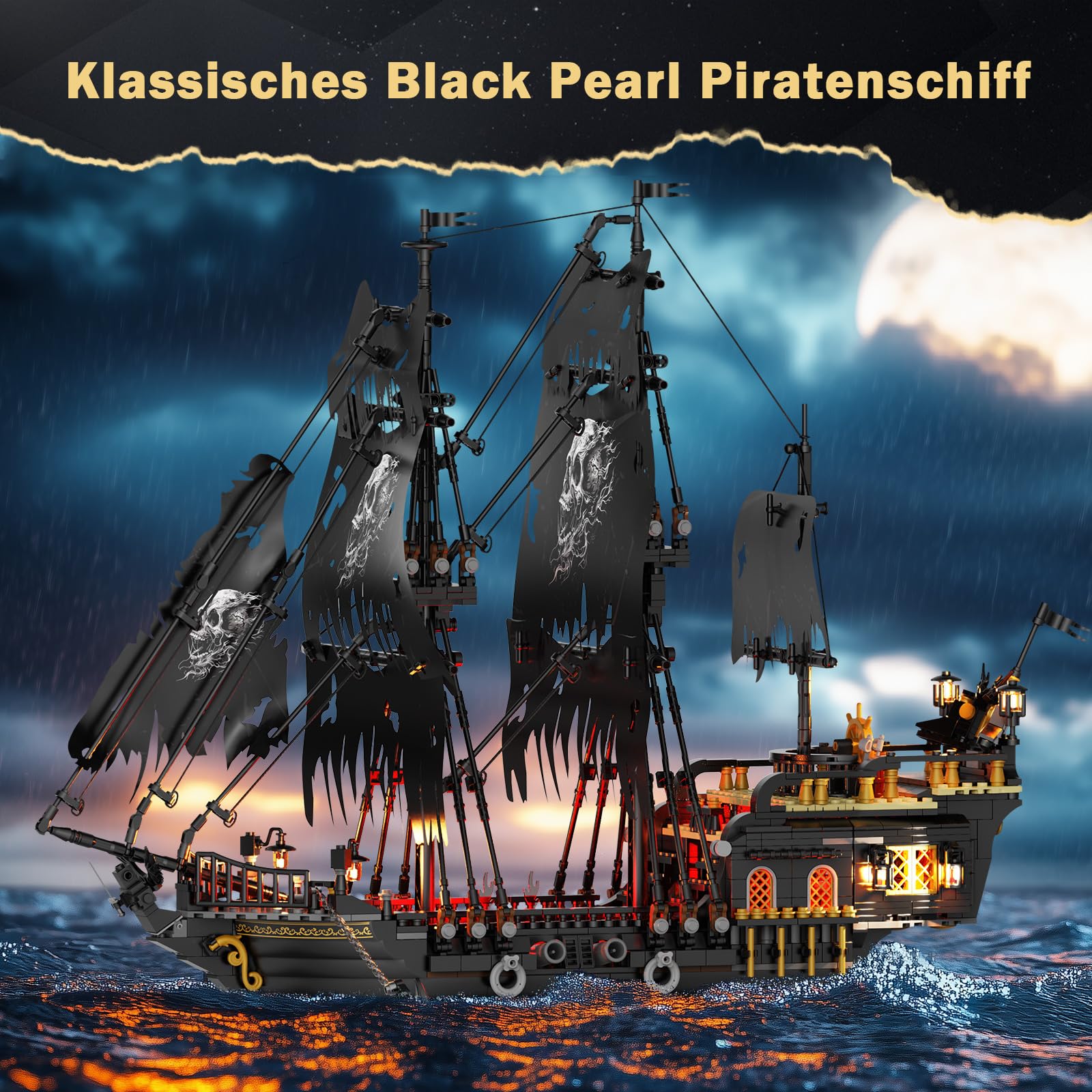 JMBricklayer Piratenschiff Bauspielzeug mit Lichtern, Großes Pearl Piratenschiff Modellboot Klemmbausteine 40002, Aufregende Seeschlachten und Fluch des Untodes, Erwachsene Jungen Mädchen(1713 PCS) 2