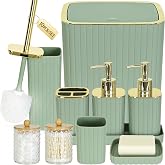 Bathroom Accessories Set, 10 PC Sage Green &amp; Gold All-in-One Bathroom Set | Modern Bathroom Decor, Bathroom Accessory Set with Durable Trash Can, Toilet Brush, 2 Soap Dispensers &amp; 2 Storage Jars