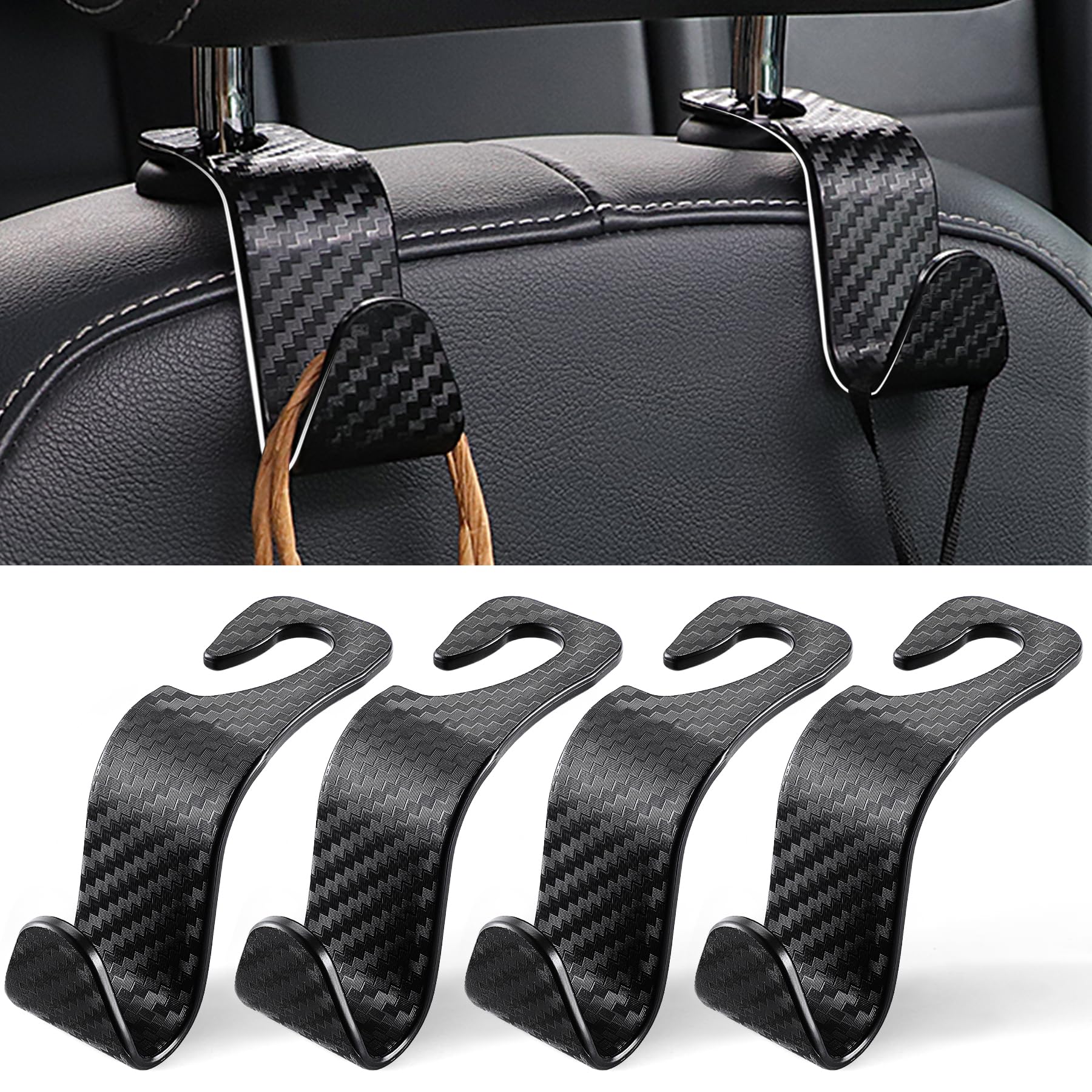 Photo 1 of LivTee Car Purse Hook, 4 Pack Universal Auto Seat Headrest Hook Hangers Organizer for Coats, Umbrellas, Groceries - Carbon Fiber Black
