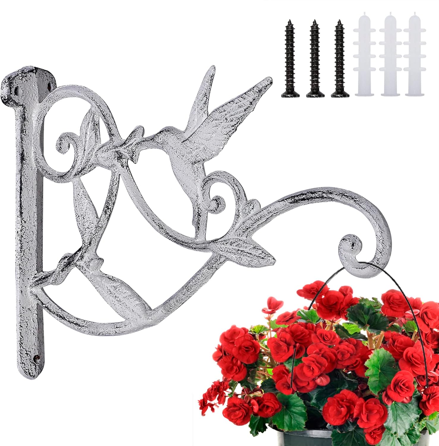 Outdoor Hanging Brackets - FLORWOD 10 Inch Heavy Duty Plant Wall Hook, Plant Hangers Outdoor Hummingbird Hooks, Decorative Hooks for Hanging Plants, 1pc, Rustic White