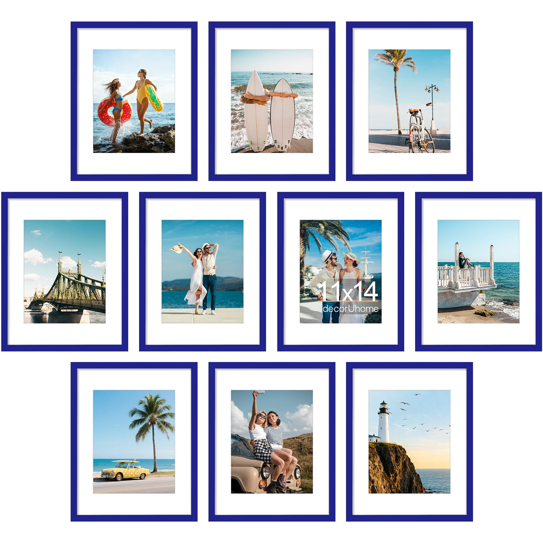 decorUhome 11x14 Picture Frame Set of 10, Display Photos 8x10 with Mat or 11x14 Unmatted for Picture Frames Collage Wall Decor, Royal Blue Image