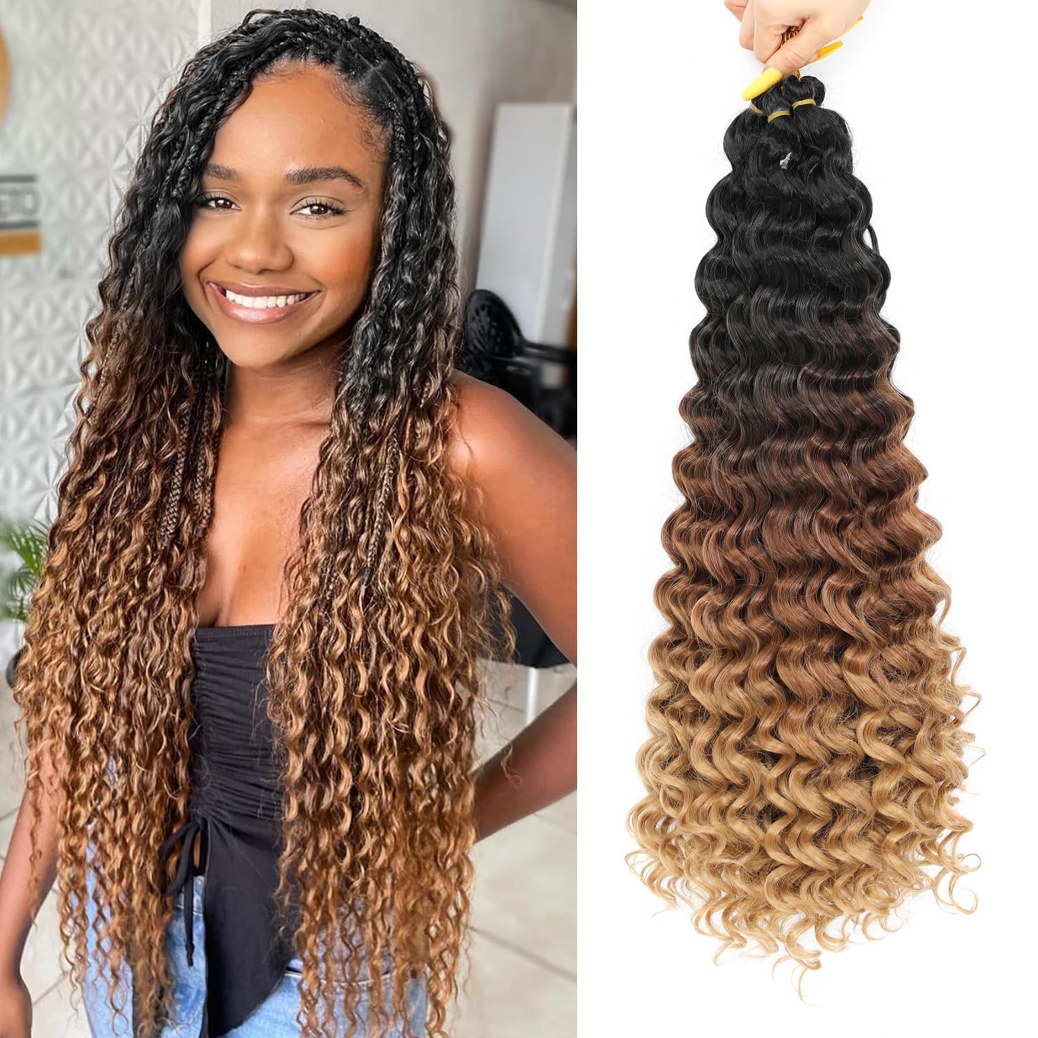 AMLUCKS Deep Wave Braiding Hair Ocean Wave Crochet for Black Women Girls Synthetic Water Curly Crochet Hair Extensions for Boho Braids (1B/30/27#, 22inch-3) — image 1