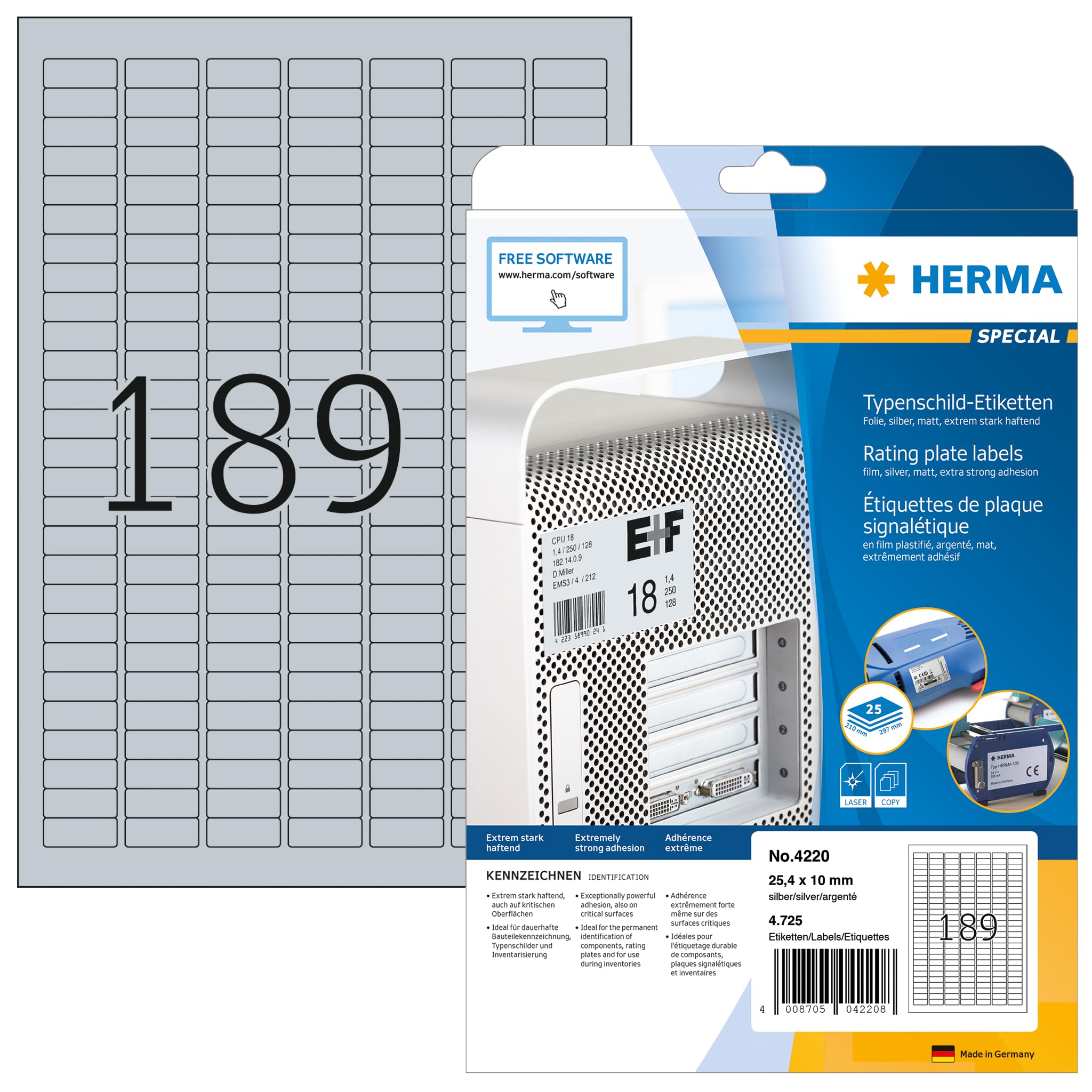 HERMA Self Adhesive Name Plate Film Labels, 189 Labels per A4 Sheet, 25 Sheets, 25 x 10 mm, 4725 Labels, Weatherproof Labels Stickers, Sticky Labels for Laser & Inkjet Printer, Metallic Silver