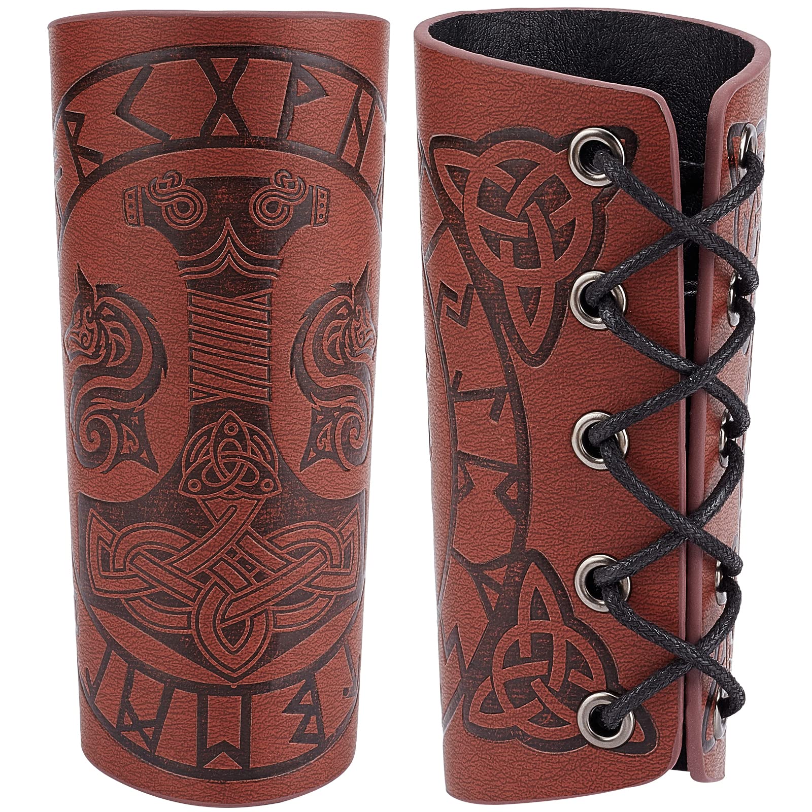 GORGECRAFT 2PCS Leather Gauntlet Wristband Medieval Armor Bracers Hammer Pattern Wrist Band Guards Arm Guard Archery Buckle Bracers Unisex Leather Cuffs Armband for Men Women(Coconut Brown)