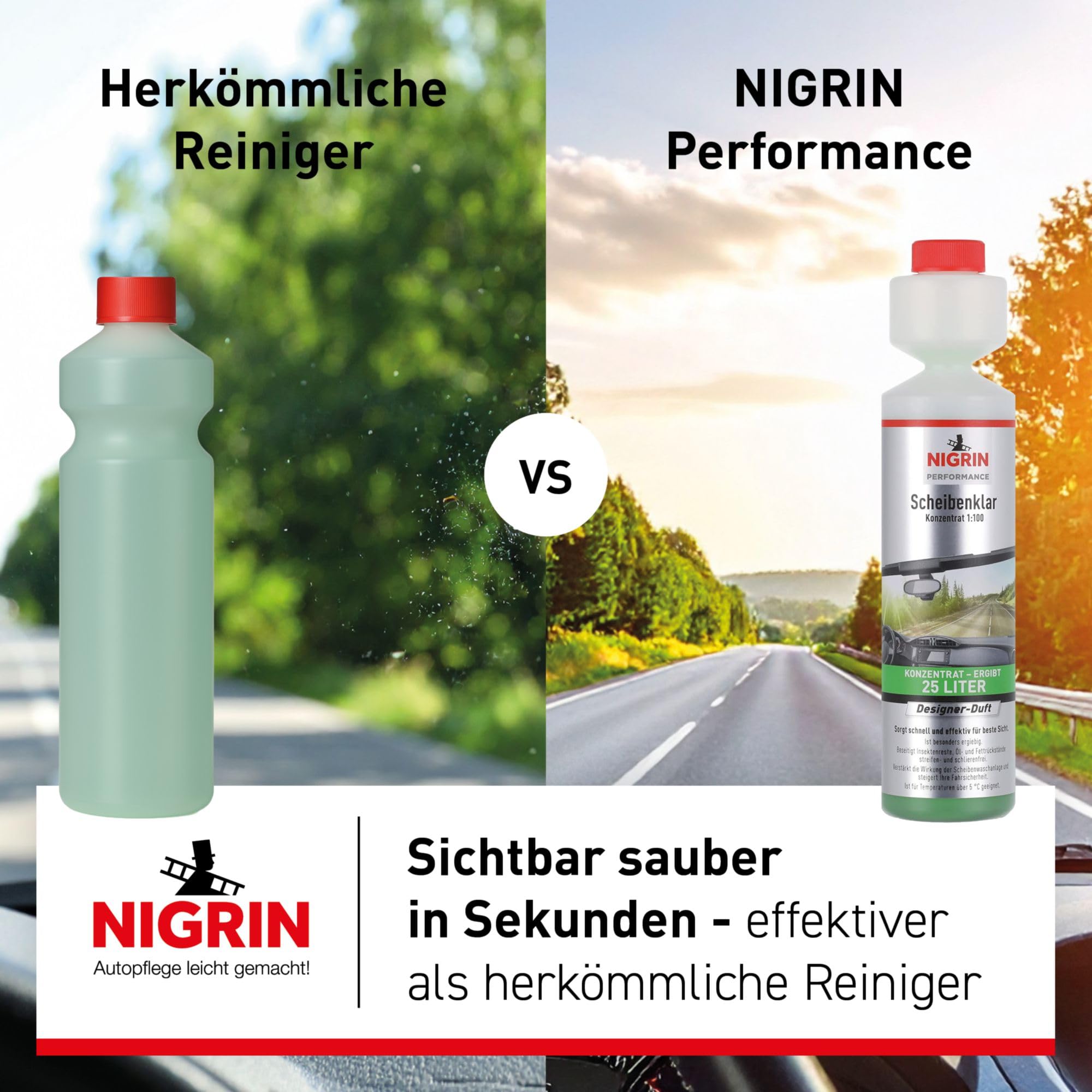 NIGRIN Performance Scheibenklar Konzentrat 1:100 Designer Duft | 250 ml | Reinigungszusatz für Autoscheiben und Scheinwerfer | entfernt Insekten, Öl, Fett | schlierenfrei | sehr ergiebig | ab 5°C 2