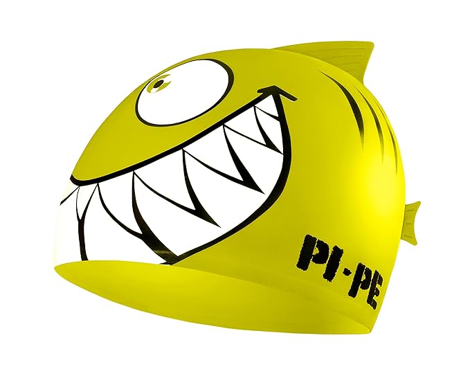 Badekappe für Kinder - Badehaube mit coolem Hai Motiv für Jungen und Mädchen - Schwimmkappe wasserdicht aus Silikon - für Str