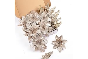 CHOONSHOW 24Pcs Champagne Glitter Poinsettia Christmas Tree Ornaments and Glitter Berries Stems, 16Pcs Christmas Artificial Flowers and 8 Pack Christmas Tree Picks for Wedding Holiday Decorations