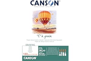 Canson "C à Grain A3 180g White Drawing & Sketching Paper Pad, 30 Sheets, Fine Grain Texture, Glued on Short Side, Ideal for Professional Artists