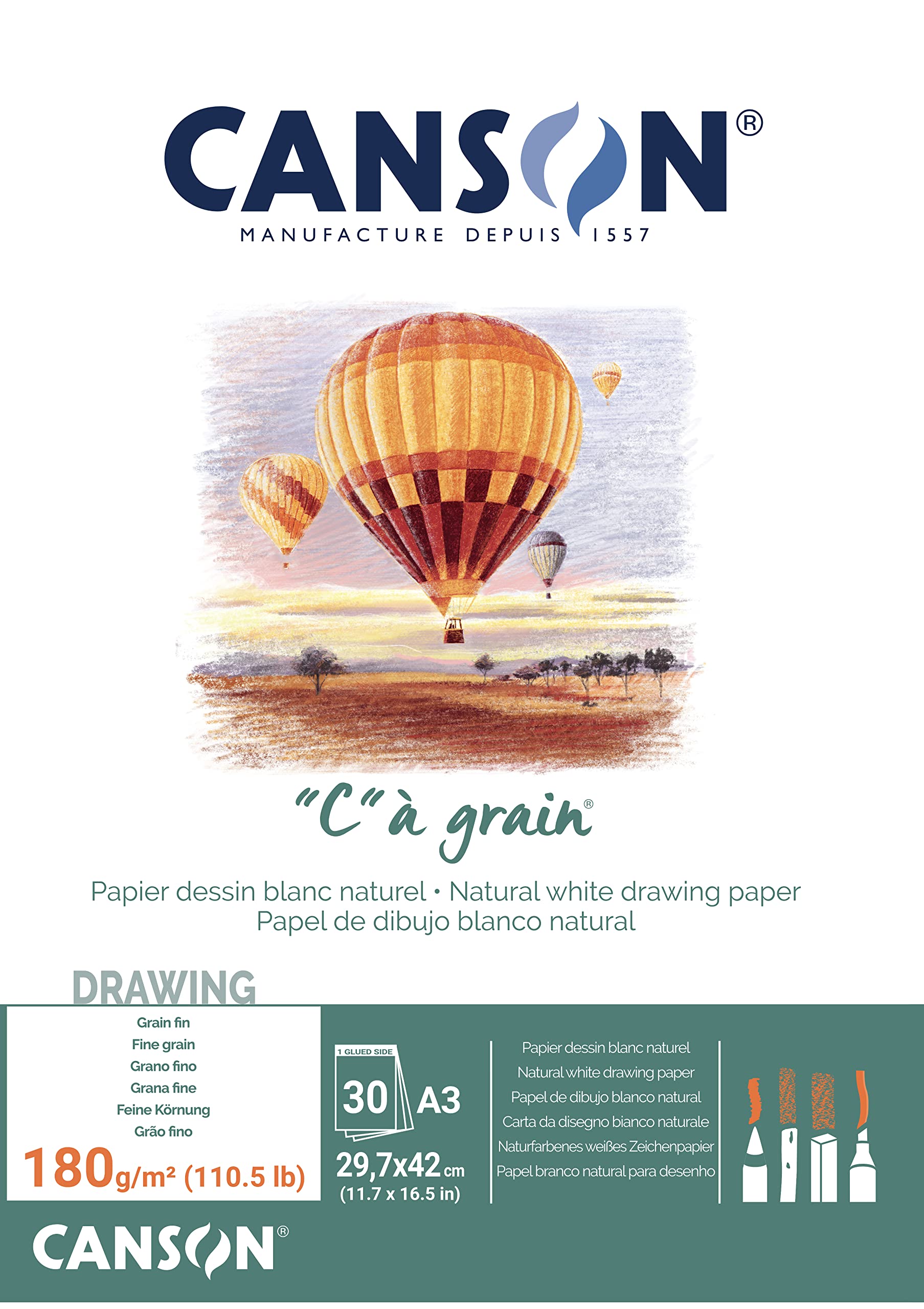 Canson "C à Grain A3 180g White Drawing & Sketching Paper Pad, 30 Sheets, Fine Grain Texture, Glued on Short Side, For Professional Artists
