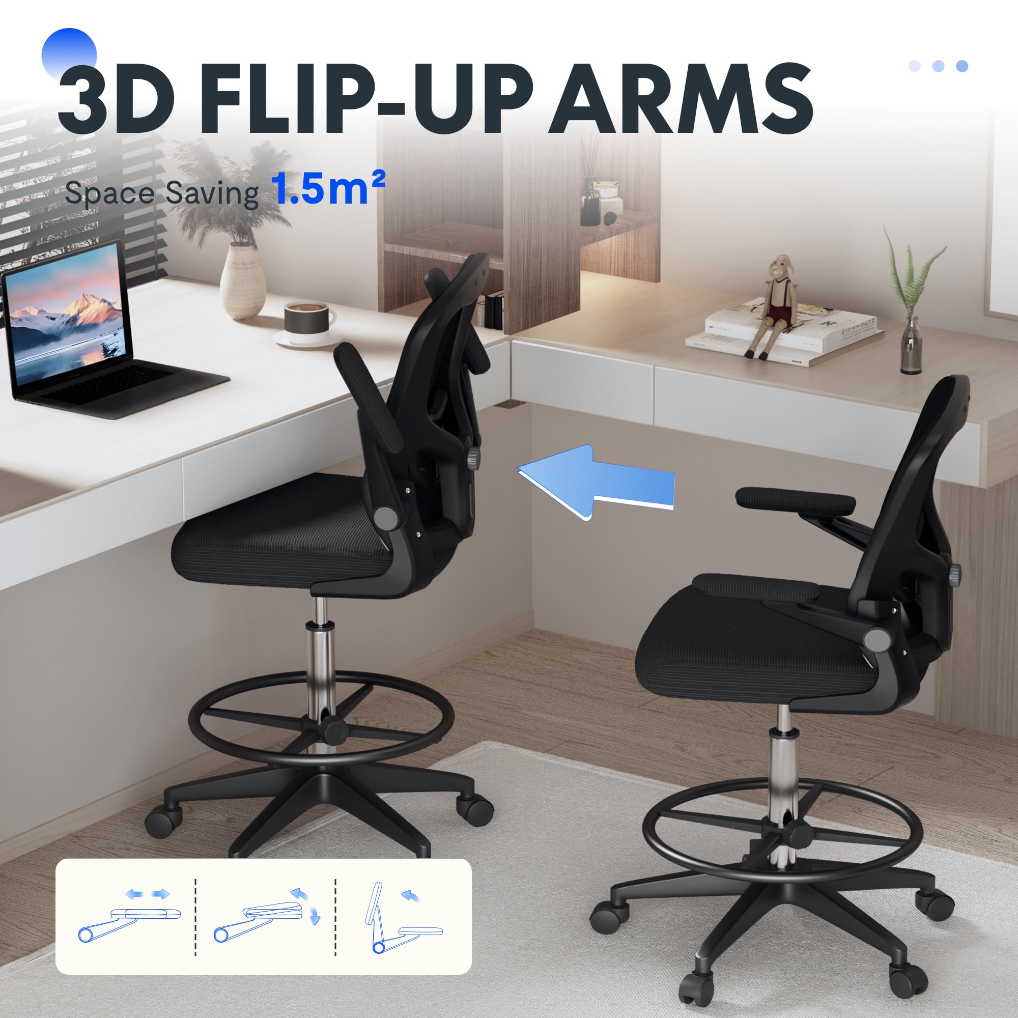 FLEXISPOT Big and Tall Mesh Office Drafting Chair, Comfortable Computer Chairs with Adjustable Lumbar Support and 3D Flip-Up Armrests, Standing Desk Chairs for Drawing Work(Black), TC1-NEW