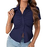 LYANER Women's Collar V Neck Button Slim Fitted Blouse Ribbed Knit Short Sleeve Shirt Going Out Top