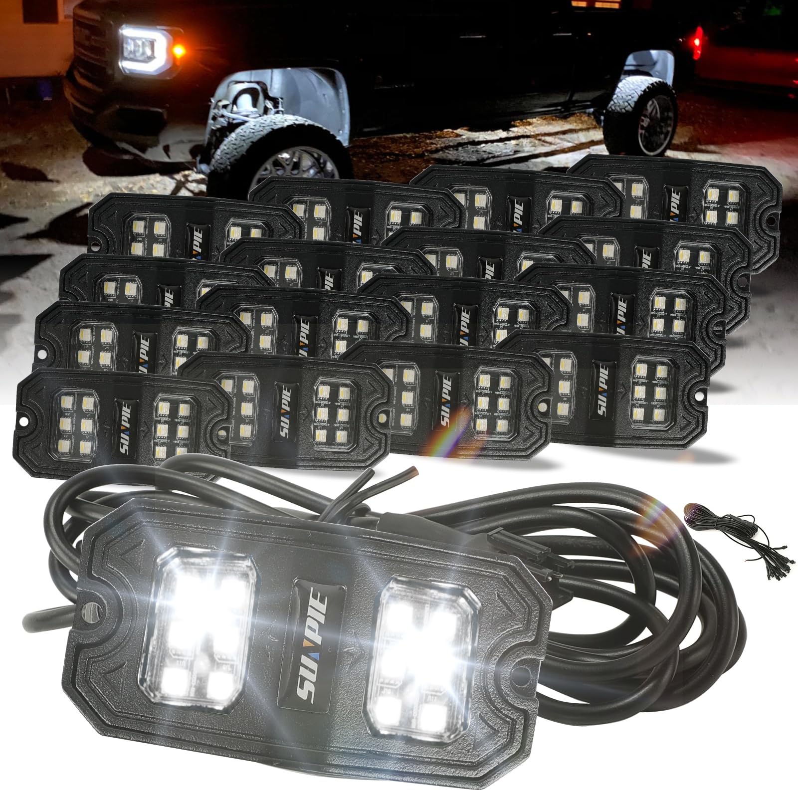 Photo 1 of SUNPIE 16 Pods Wide Angle Pure White Rock Lights 6000K for Off Road Truck Car ATV UTV SUV Motorcycle Under Body Glow Light Lamp,Extension Wires Provided