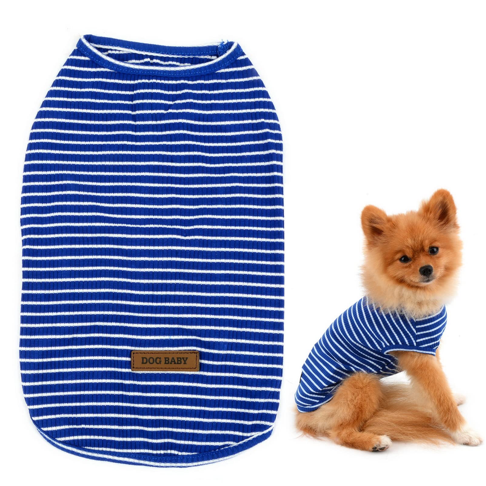 SMALLLEE_LUCKY_STORE Basic Pet Knitted Cotton Striped Tee Shirt for Small Dogs Cats Boy Girl Puppy Sleeveless T Shirt Vest Soft Chihuahua Summer Clothes,Blue,Large