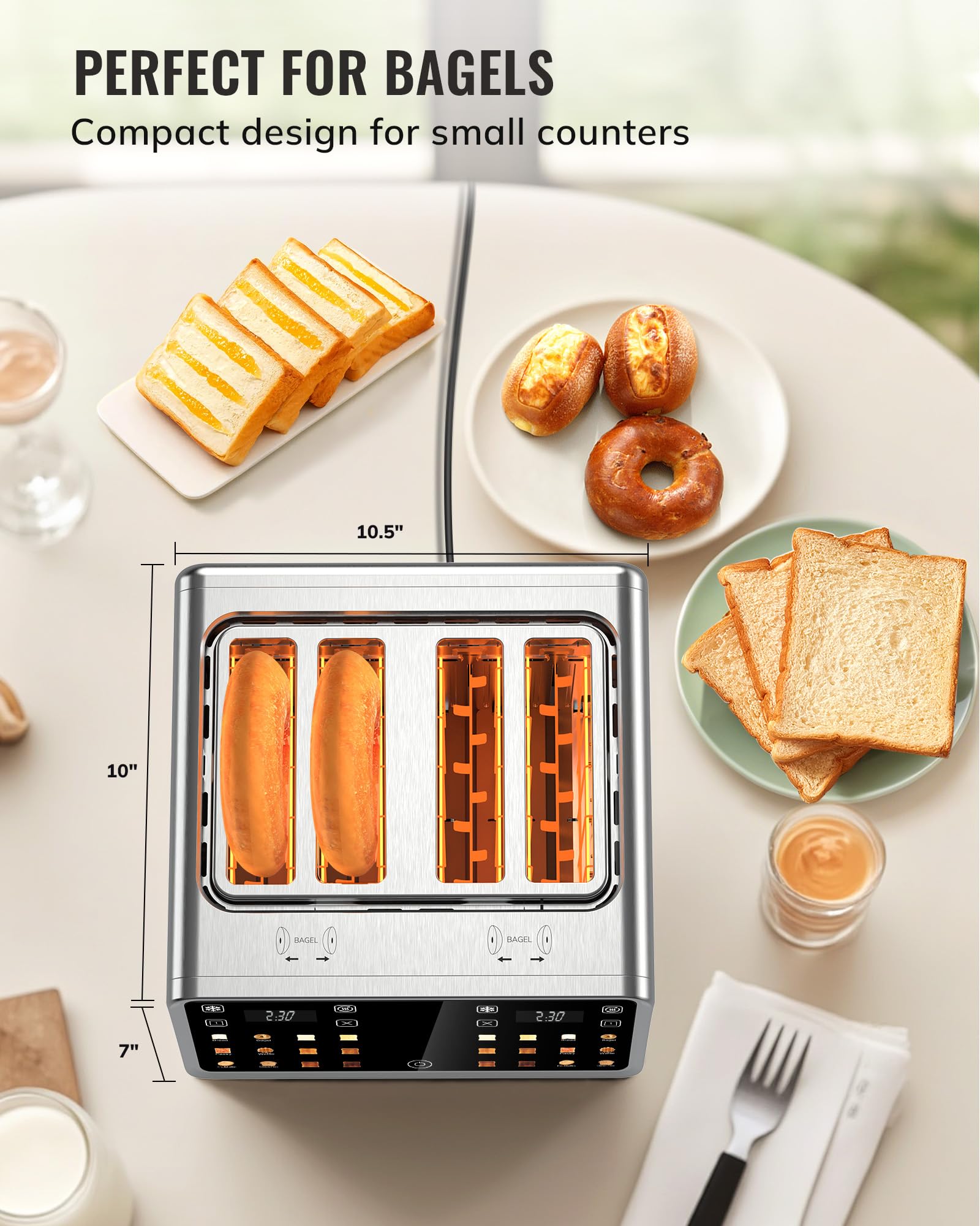 Tostadora Keenstone de 4 rebanadas, tostadora digital inteligente con pantalla táctil, panel de control dual, tostado de una sola ranura, temporizador, recalentar y descongelar para bagels, pan, gofres, elementos esenciales de cocina de acero inoxidable