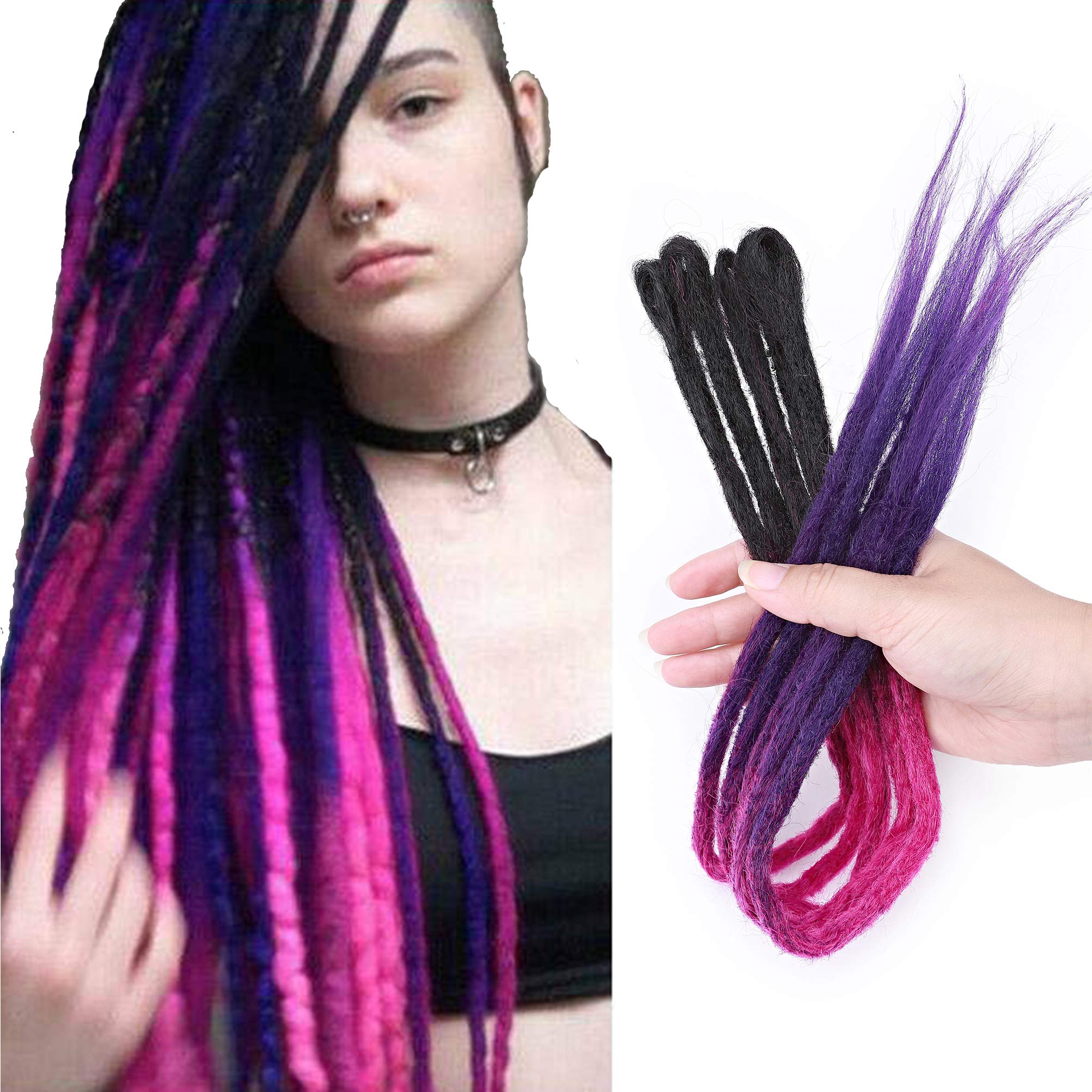 24 Inch Ombre Dreadlock Extensions for Women Men Synthetic Handmade Dread Extension Long Single Ended Hippie Style Reggae Hair Twist Braiding Hairpiece 5pcs - Black to Magenta to Violet