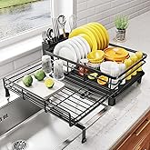SNTD Dish Drying Rack - Extendable Dish Rack, Large Sink Drying Dish Drainer for Kitchen Counter, Stainless Steel Dish Strainer with Utensil Holder (Black)