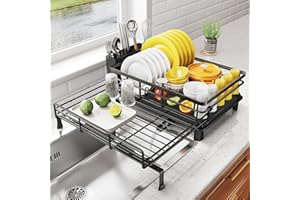 Dish Drying Rack - Extendable Dish Rack, Large Sink Drying Dish Drainer for Kitchen Counter, Stainless Steel Dish Strainer wi