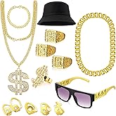 Liliaafar 13 Pcs 80s 90s Hip Hop Costume Kit Rapper Accessories Outfits, Gold Grills Tooth Cap Fake Gold Chain Dollar Sign Chain Ring Punk Sunglasses Bucket Hat for Men Women Halloween Cosplay Party