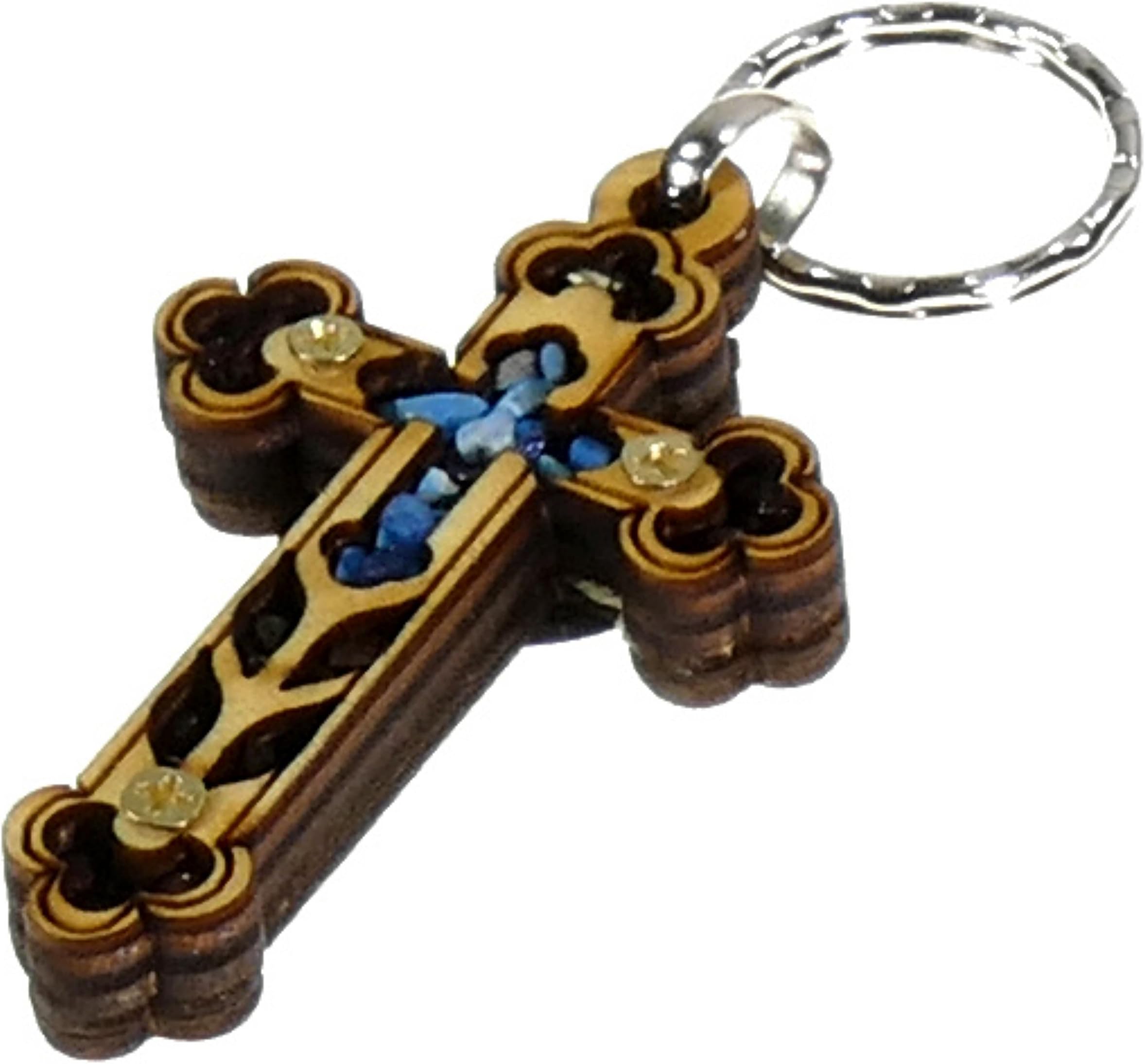 Matiel Stylish Wooden Cross Key Chain Keyring Embedded With Turquoise Gemstones 2.5"