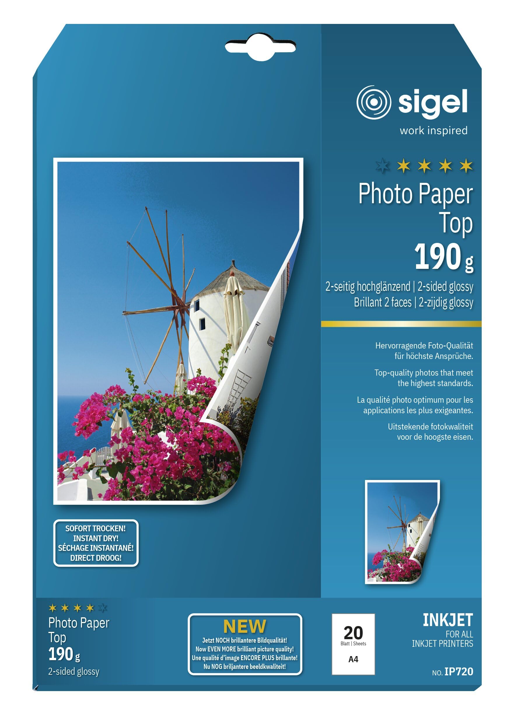 SIGEL IP720 InkJet Top Photo Paper, two-sided glossy, White, for double-sided printouts, 190 gsm, A4, 20 sheets