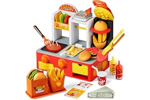 LALALARK Restaurant Play Set Toy - 40+ PCS Fast Food Playset with Potato Cutter, Simulated Frying Effect & Lights, Order, Card & Drink Station - Interactive Role Play Toy Birthday Gift for Boys Girls