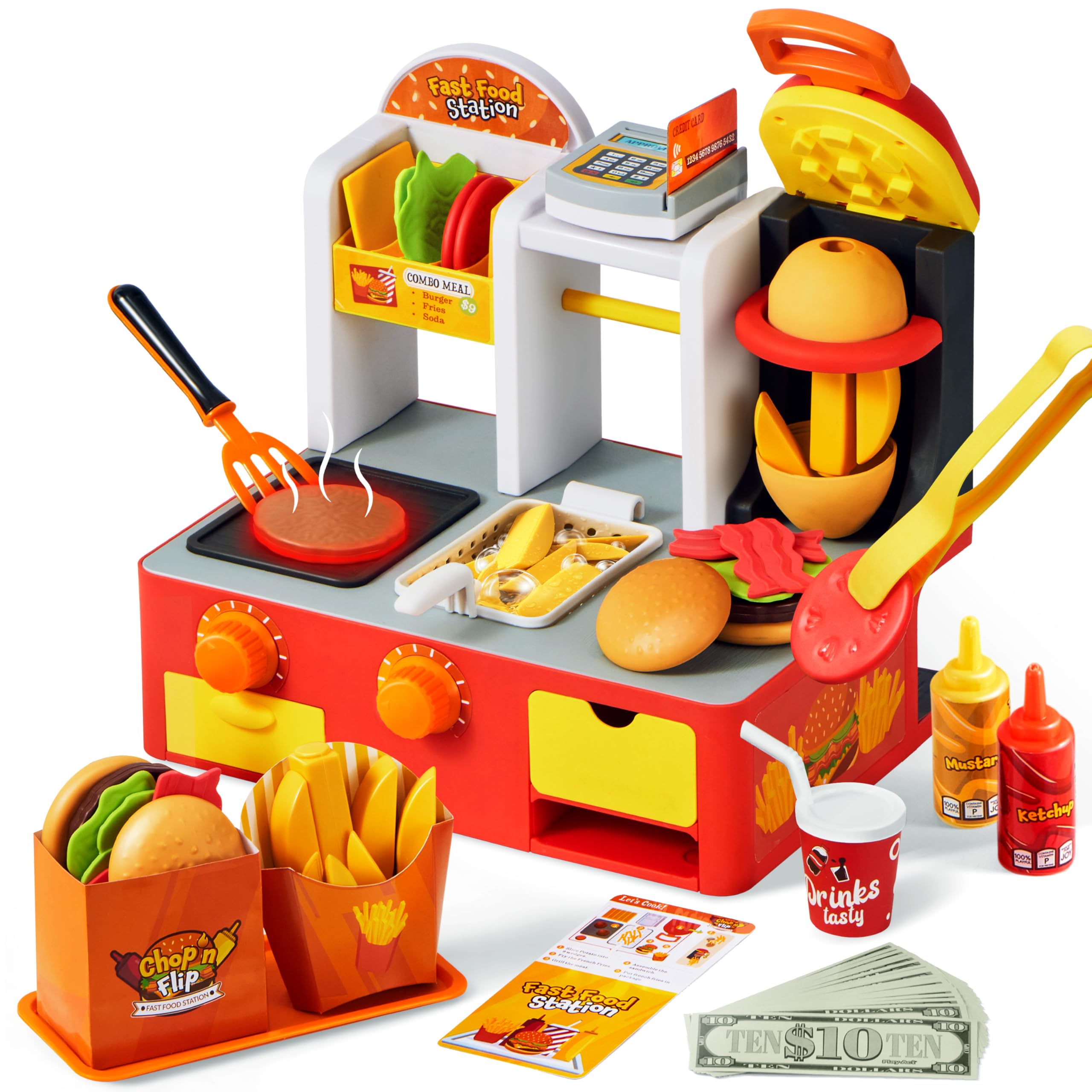 Photo 1 of ***(MISSING PARTS/ SEE NOTES)***Play Kitchen Toddler Toy - 40+ PCS Fast Food Station with Potato Cutter, Simulated Frying Effect & Lights, Order & Drink Station - Pretend and Play Food Toy Birthday Gift for Boys Girls