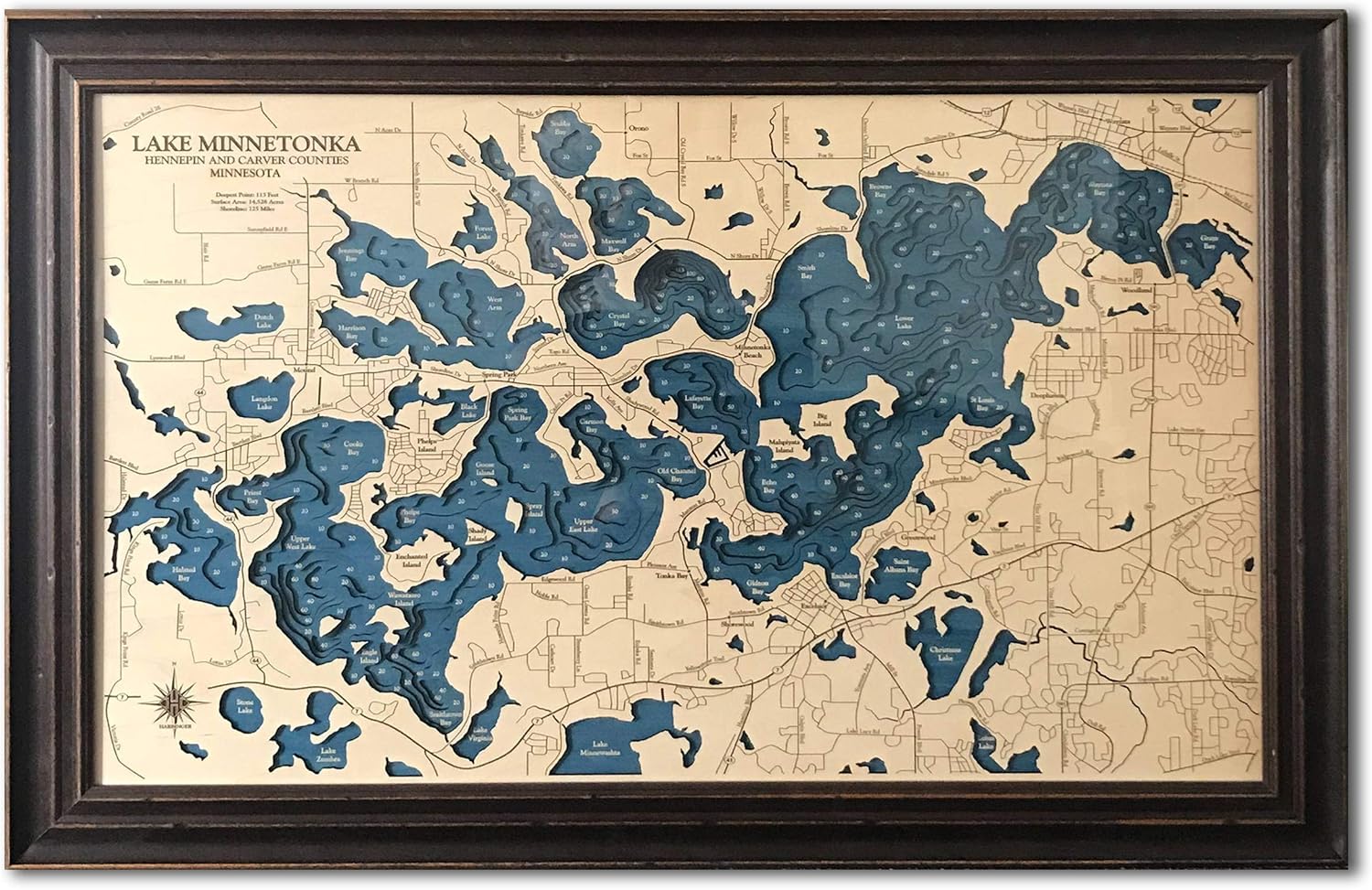 Lake Dimensional Wood Carved Depth Contour Map Customize with Your Home