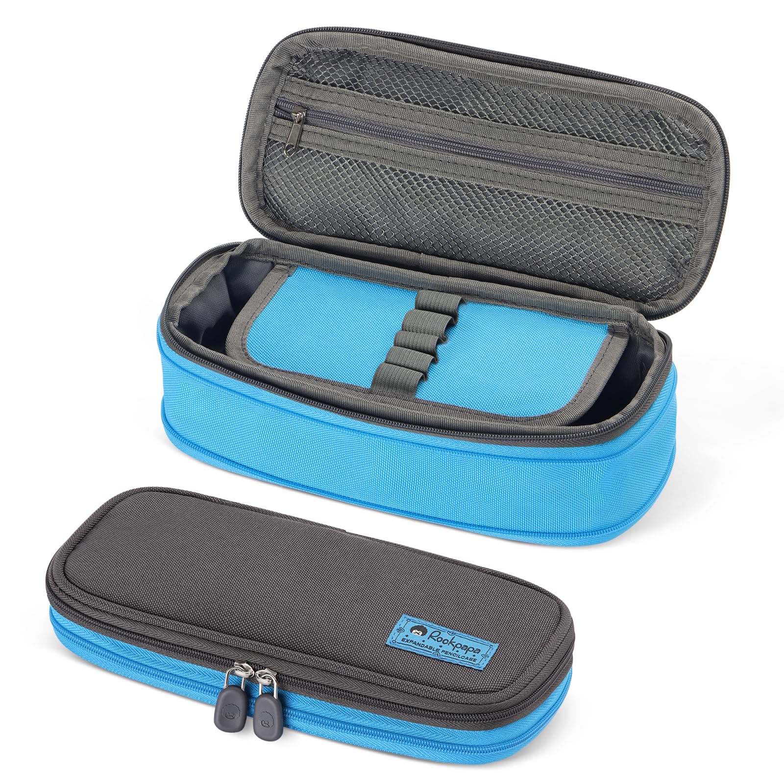rockpapa Expandable Cute Pencil Case for Girls, Aesthetic Pencil Case with Compartments, Pencil Pouch with Zipper for Kids, Pencil Box Bag Holder Organizer for School Blue Grey
