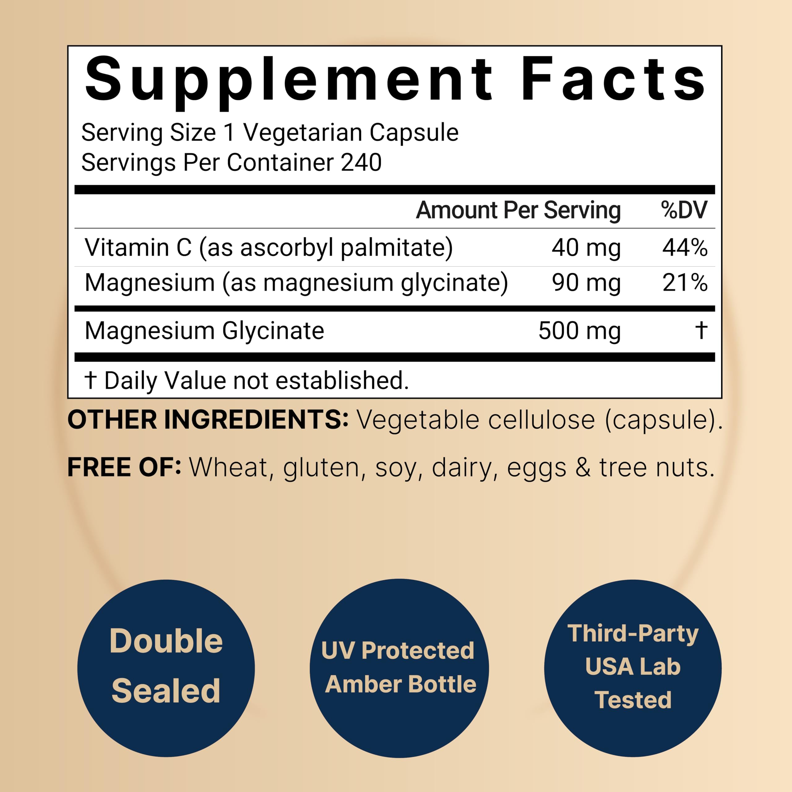 Pure Magnesium Glycinate 500mg with Fat Soluble Vitamin C, 240 Veggie Capsules | Supplement for Sleep, Heart & Muscle Support* – 100% Chelated & Purified – 3rd Party Tested, Vegan Friendly, Non-GMO
