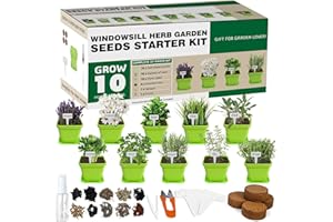 Meekear 10 Herb Seeds Garden Starter Grow Kit with Green Pots, Markers, Nutritional Soil, Watering, Herb Clipper, Complete Indoor Potted Plant Growing Set for Kitchen DIY