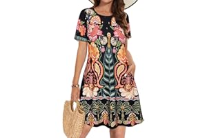 ELESCAT Summer Dresses for Women Casual Tshirt Short Sleeve Floral Sundress Beach Cover Ups with Pockets