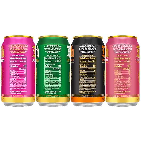 LIQUID DEATH SODA-FLAVORED SPARKLING WATER – MODERN VARIETY, LESS SUGAR*, HUGE FLAVOR, NO CAFFEINE, NO ARTIFICIAL SWEETENERS, 4 FLAVORS: LIME, ORANGE, STRAWBERRY, PIÑA KILLADA 12 FL OZ (PACK OF 12)