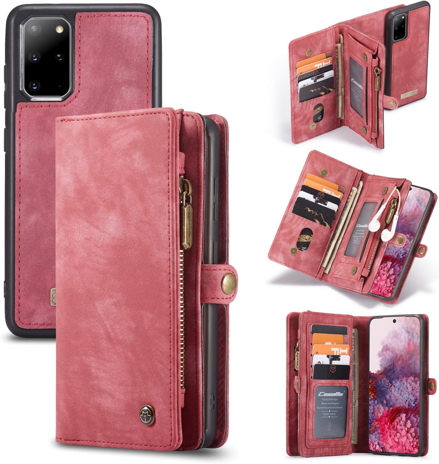 ANROD Detachable Leather Wallet Case for Samsung Galaxy S20 Plus,CaseMe Magnetic Closure 2-in-1 Flip TPU Shockproof Zipper Purse Back Cover with Card Slots (Red) - Image 3