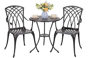 NUU GARDEN Patio Bistro Sets 3 Piece Cast Aluminum Bistro Table and Chairs Set with Umbrella Hole Bistro Set of 2 for Patio Backyard, Black