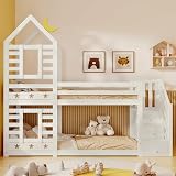 Jtyca Kids Bunk Bed with Storage, Solid Pine, Twin Sleeper, White view 3