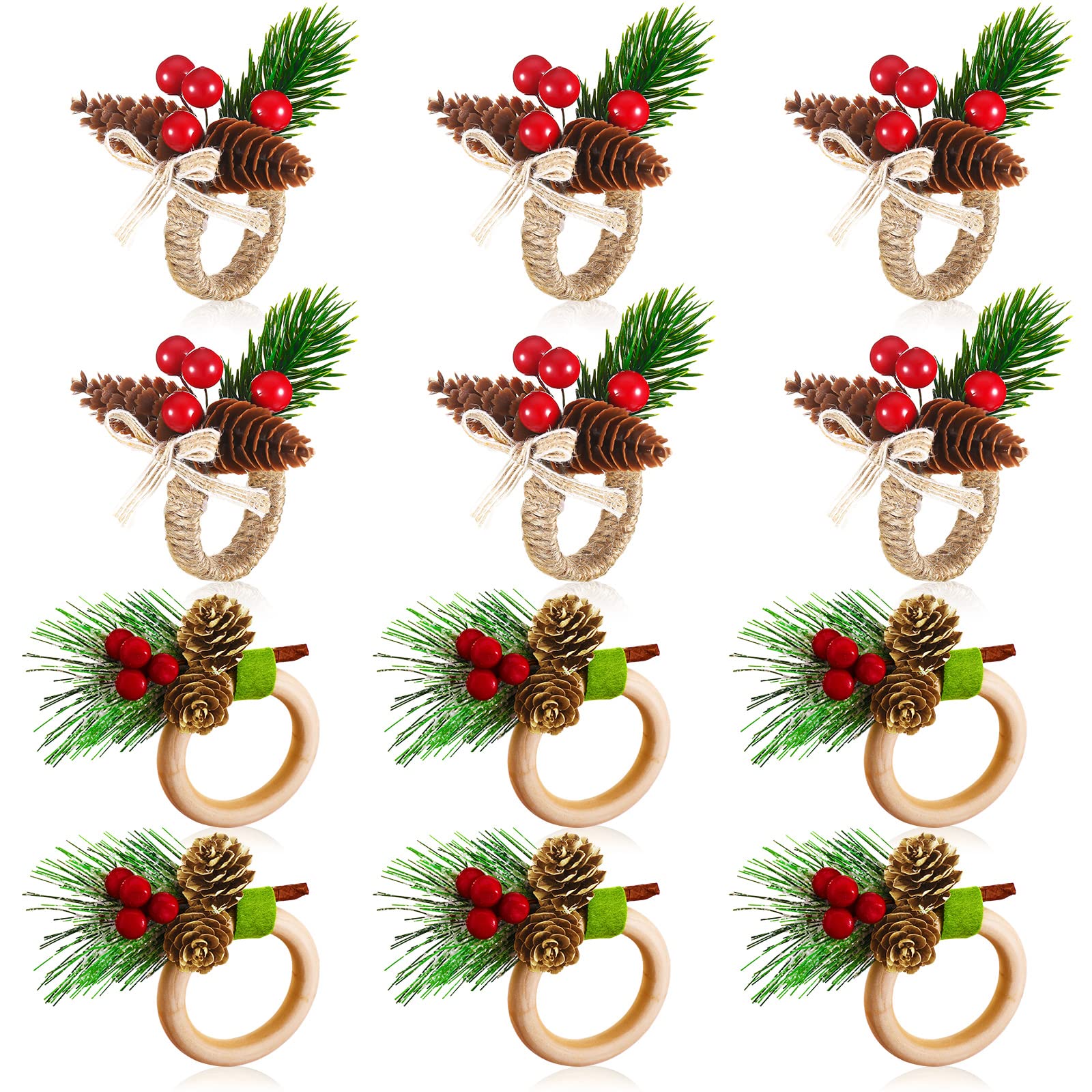Photo 1 of 12 Pieces Christmas Napkin Rings Holder Pine Cones Poinsettia Pumpkin Wooden Napkin Rings Decor for Christmas Thanksgiving Birthday Party Supplies (Pine Cone Style)