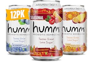 Humm Kombucha Seasonal Variety 12 Pack, Cranberry Orange, Blueberry Mint, Mango Passionfruit, Organic, Vegan & GMO Free