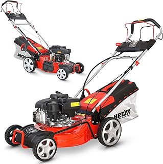 HECHT 5-IN-1 Benzin Rasenmäher – leistungsstarker 4 Takt Eco Motor 2,7 kW (3,7 PS) – Elektrostart – 46 cm Schnittbreite – bis 1200m² – Radantrieb – patentierte Räder mit Extra Grip – Mulchmäher