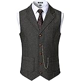 JEMITOP Men's Vintage Slim Fit Suit Vest Formal Prom Party Herringbone Pattern Waistcoat with Chain Detail