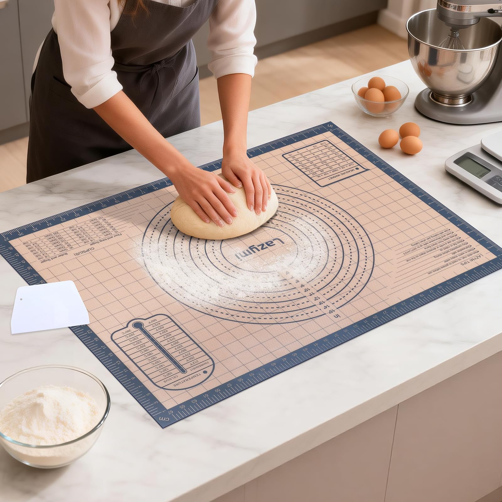 Extra Large & Thick Silicone Baking Mat 71×51 cm, Non Stick Pastry Rolling Sheet with Measurement, Non-Slip Silicon Dough kneading Board, Counter Table Mat, Placemat, for Pie/Cake/Pizza (Grey+Scraper)