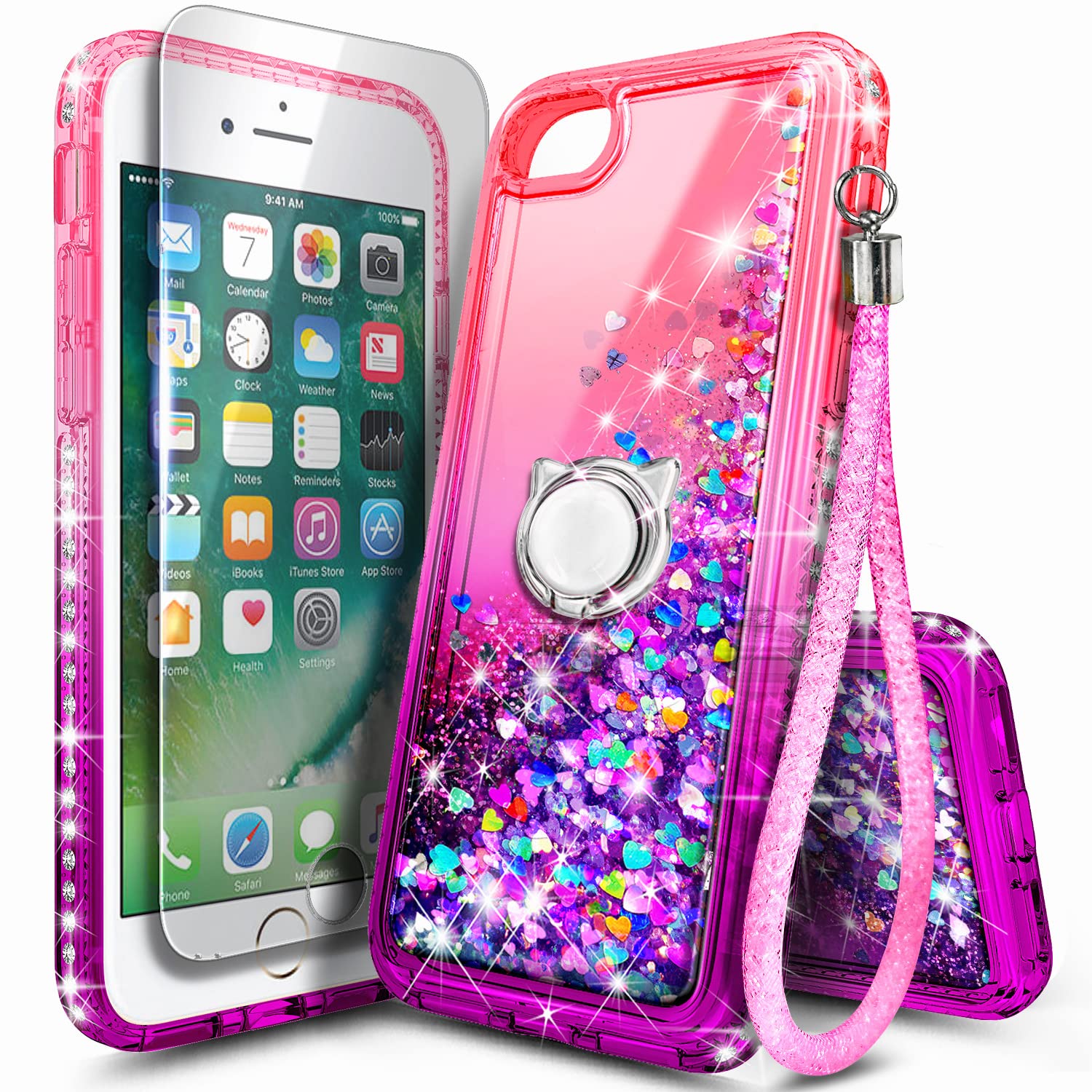 Photo 1 of NGB Designed for iPhone SE (3rd 2022 & 2nd Gen 2020)/iPhone 8/7/6/6S Case, Pink/Purple | Glitter Liquid Cute Cover for Women Girls Kids | with Tempered Glass Screen Protector & Ring Holder-Wrist Strap