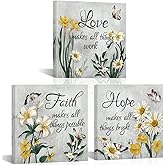 SkenoArt Flower Wall Art for Bedroom Grey and Yellow Butterfly Floral Canvas Paintings Faith Hope Love Quotes Inspirational Pictures Prints Home Farmhouse Bathroom Decor Ready to Hang 12x12inchx3pcs