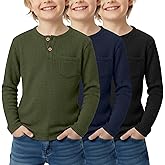 LessonZoo 3 Pack Boy's Henley Long Sleeve Shirts Waffle Thermal Tops 5-14 Years Kids Casual Sport Sweatshirts with Pocket