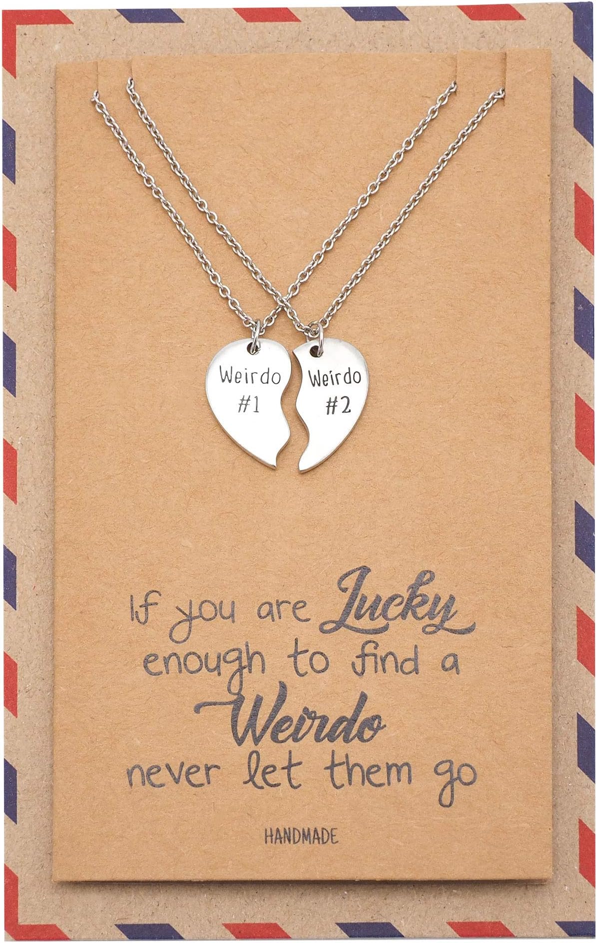 Weirdos Heart Necklaces Set for 2 Relationship Gifts for Women with Greeting Card, Handmade Best Friend and Sister's Jewelry in Silver Tone Adjustable Chain 16" to 18"