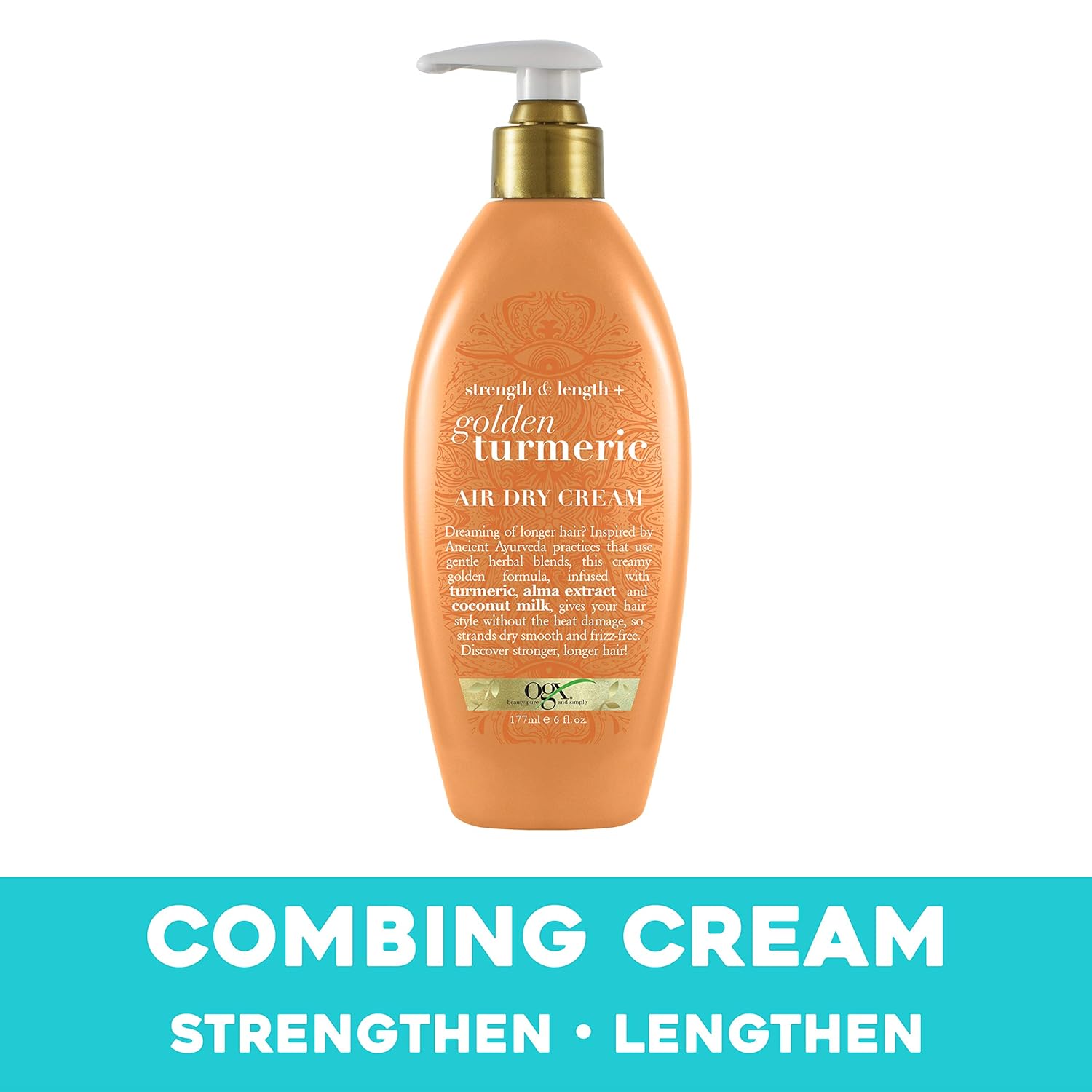 OGX Strength & Length + Golden Turmeric Anti-Frizz Air Dry Hair Cream with Coconut Milk to Nourish Hair, Leave-In Moisturizing Hair Treatment to Smooth Frizzy Hair, 6 oz: Beauty