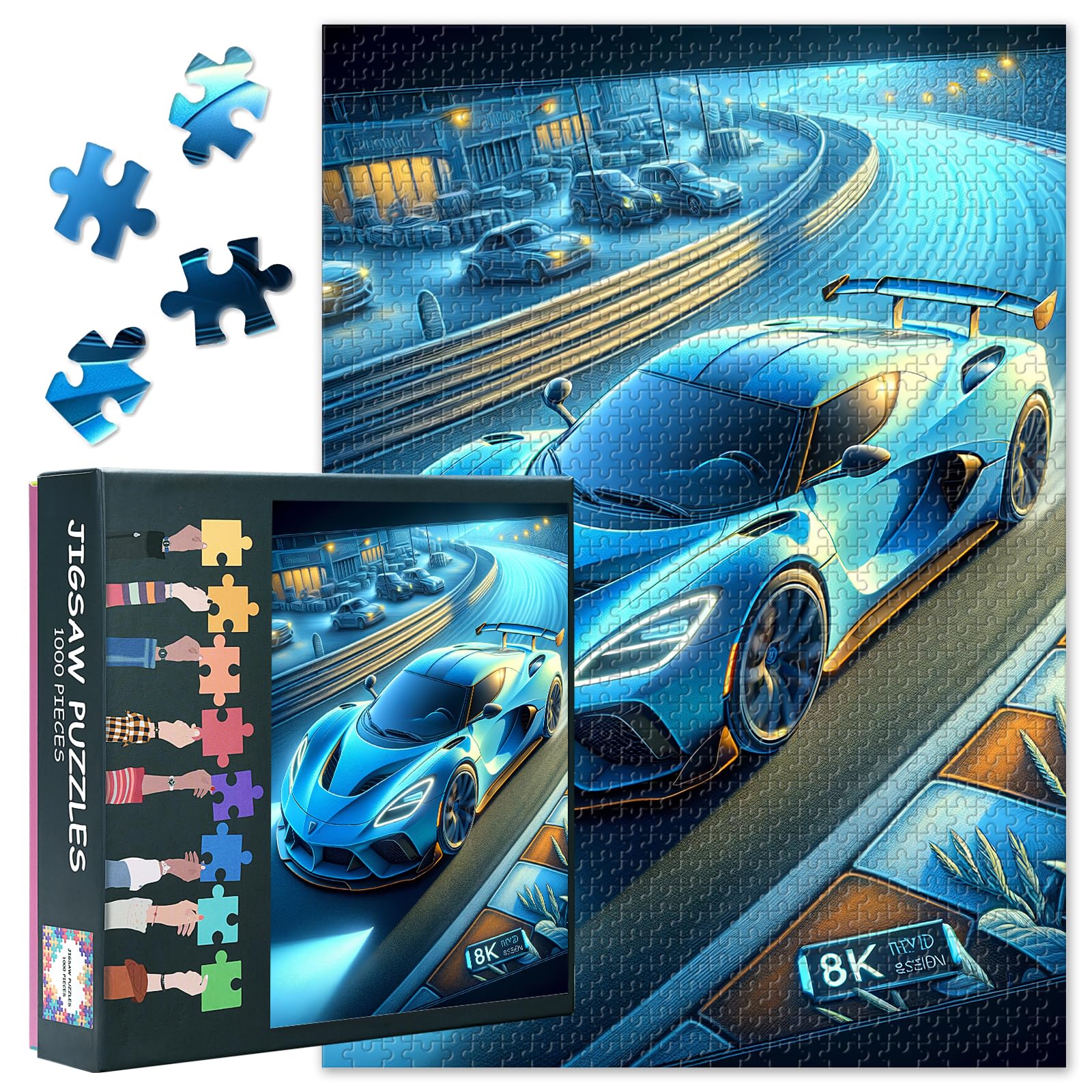 Jigsaw Puzzles for Adults 1000 Pieces, Blue Sports Car Was Speeding Along the Track Puzzle, Impossible Challenging Jigsaw Puzzles for Adults, 19.5 x 27.5 Inch