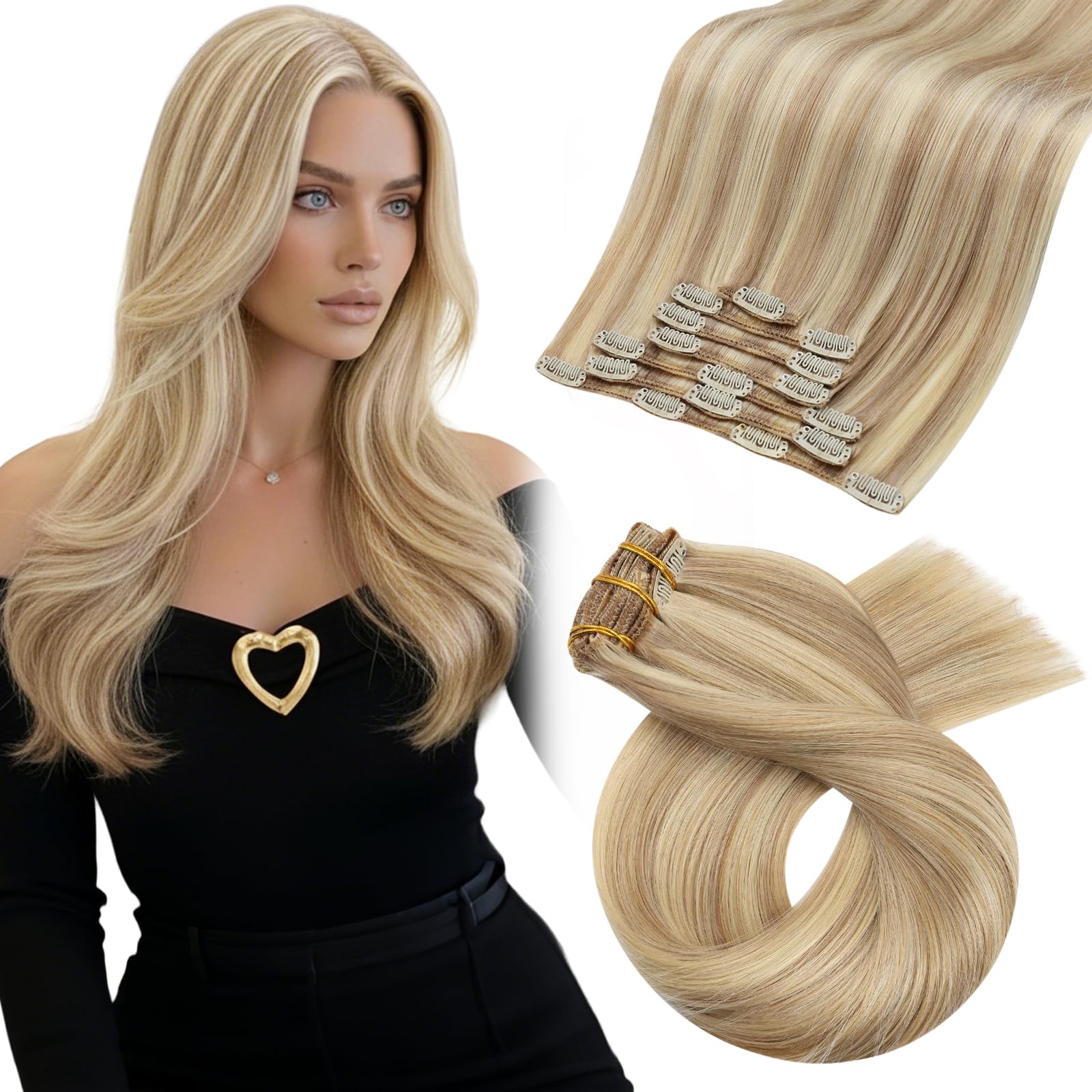 Moresoo Clip in Hair Extensions Real Human Hair Full Head Clip in Hair Extensions Honey Blonde Highlight with Medium Blonde Remy Hair Long 24 Inch 7 Pieces/120g #16/22 — image 1